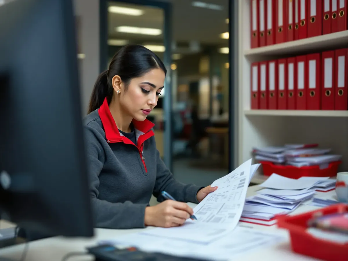 An accounts manager working through a batch of invoices and delivery dockets