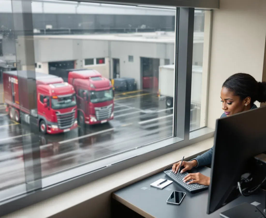 An accounts manager working in a transport office overlooking the yard