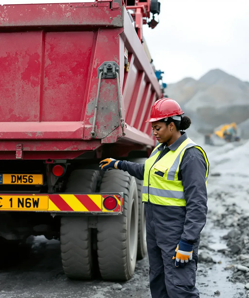 A tipper driver at the rear of an eight-wheeler at a UK quarry