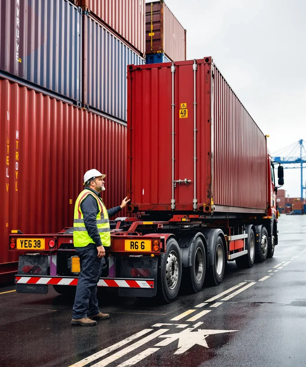 A driver checking a container on a skeletal trailer at a UK port terminal