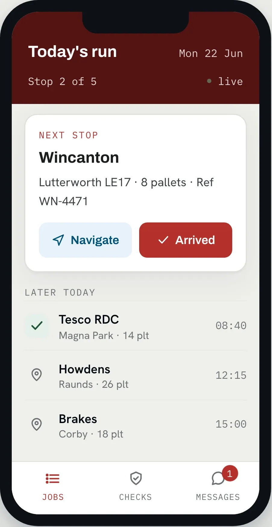 The HaulierMagic driver app showing today's run and the next stop