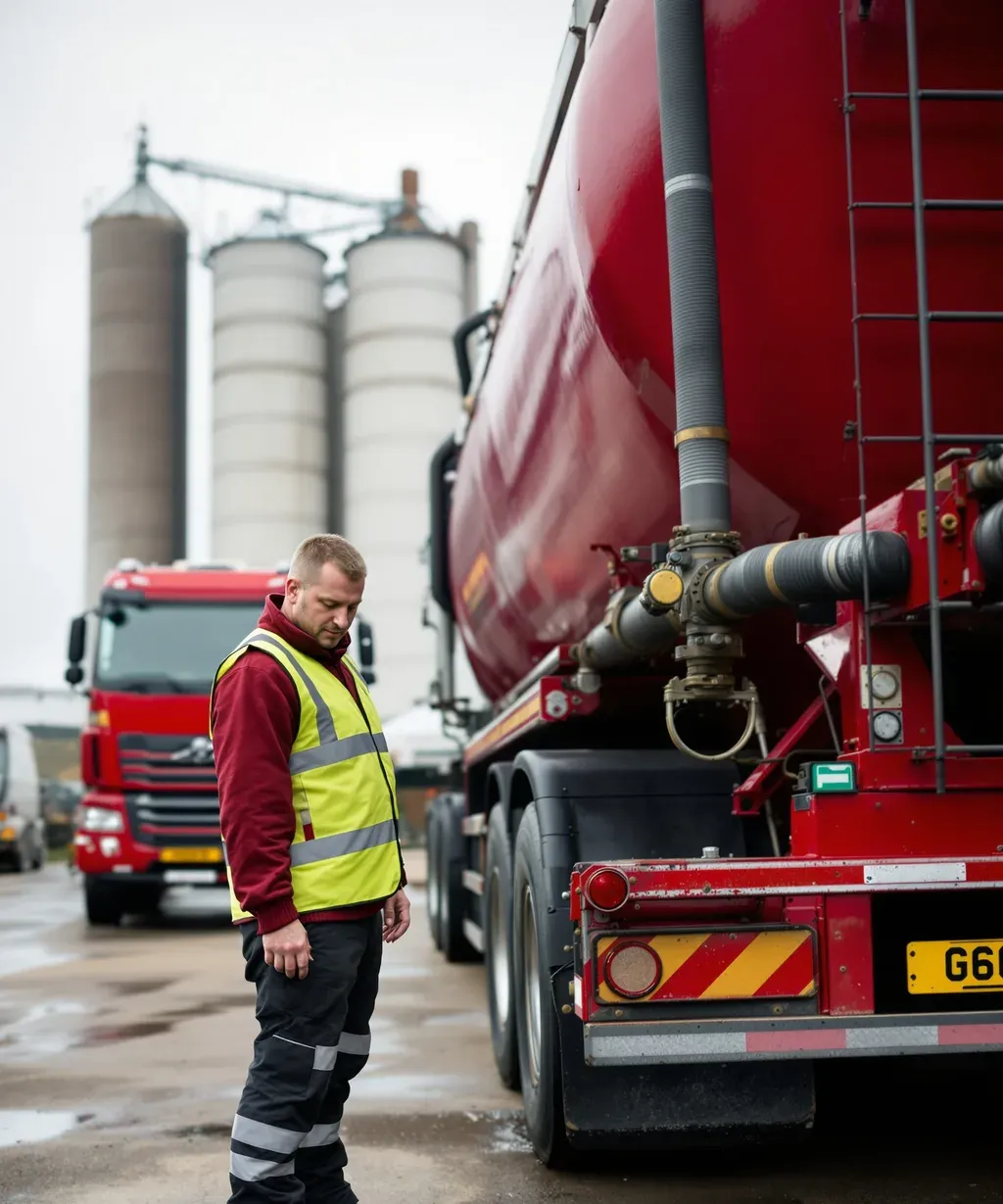 A bulk driver handling a discharge pipe at a UK feed mill