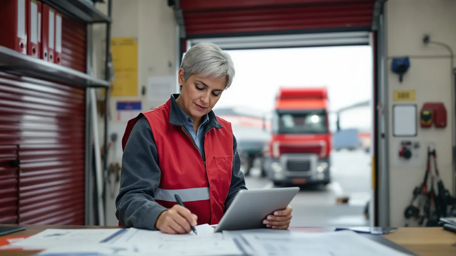 A transport office desk with vehicle inspection records and a tablet, assembled ready for an audit.
