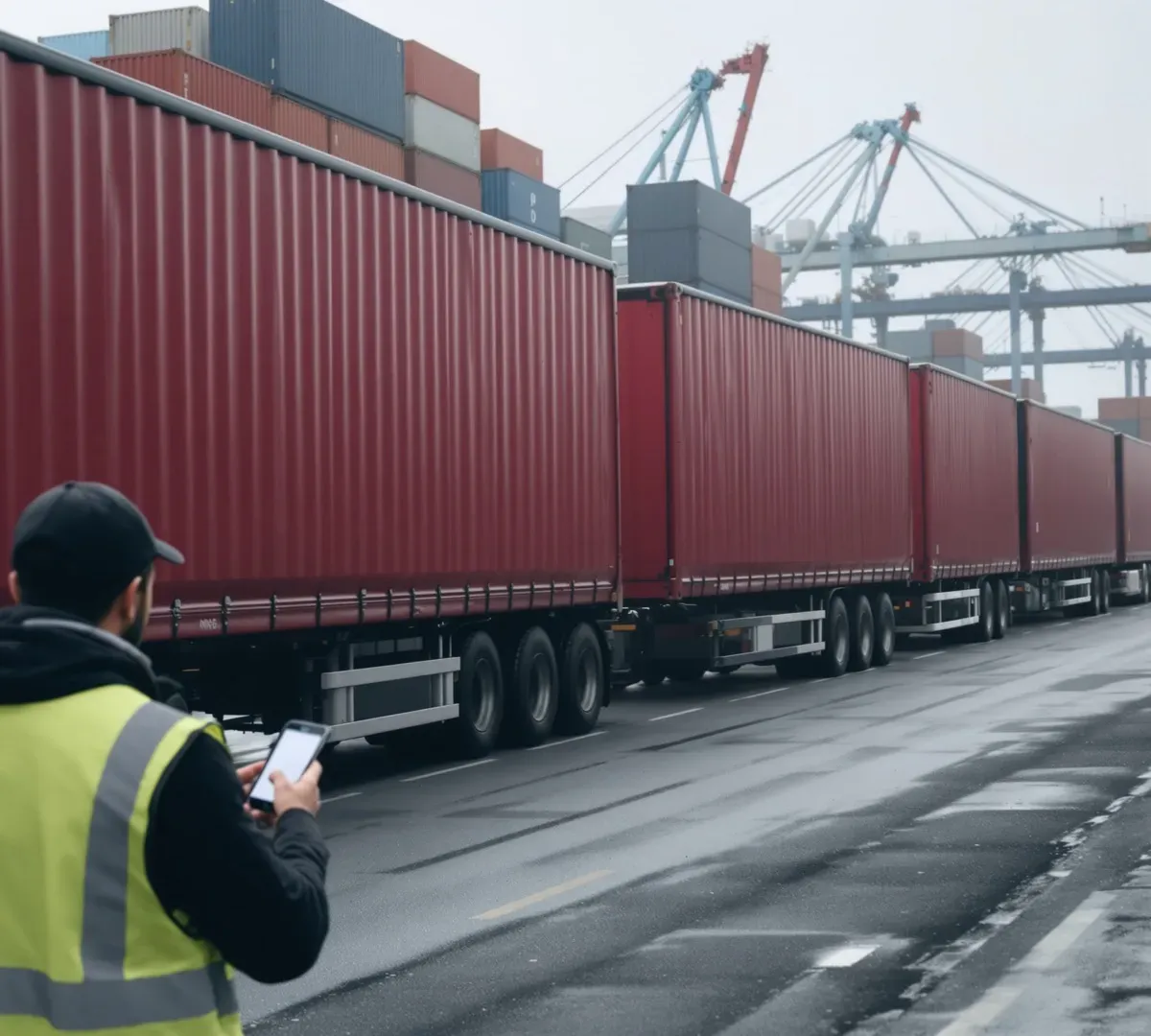 Deep red curtainsider lorries queued at a UK container port, with a driver in a hi-vis vest checking his job on a phone.