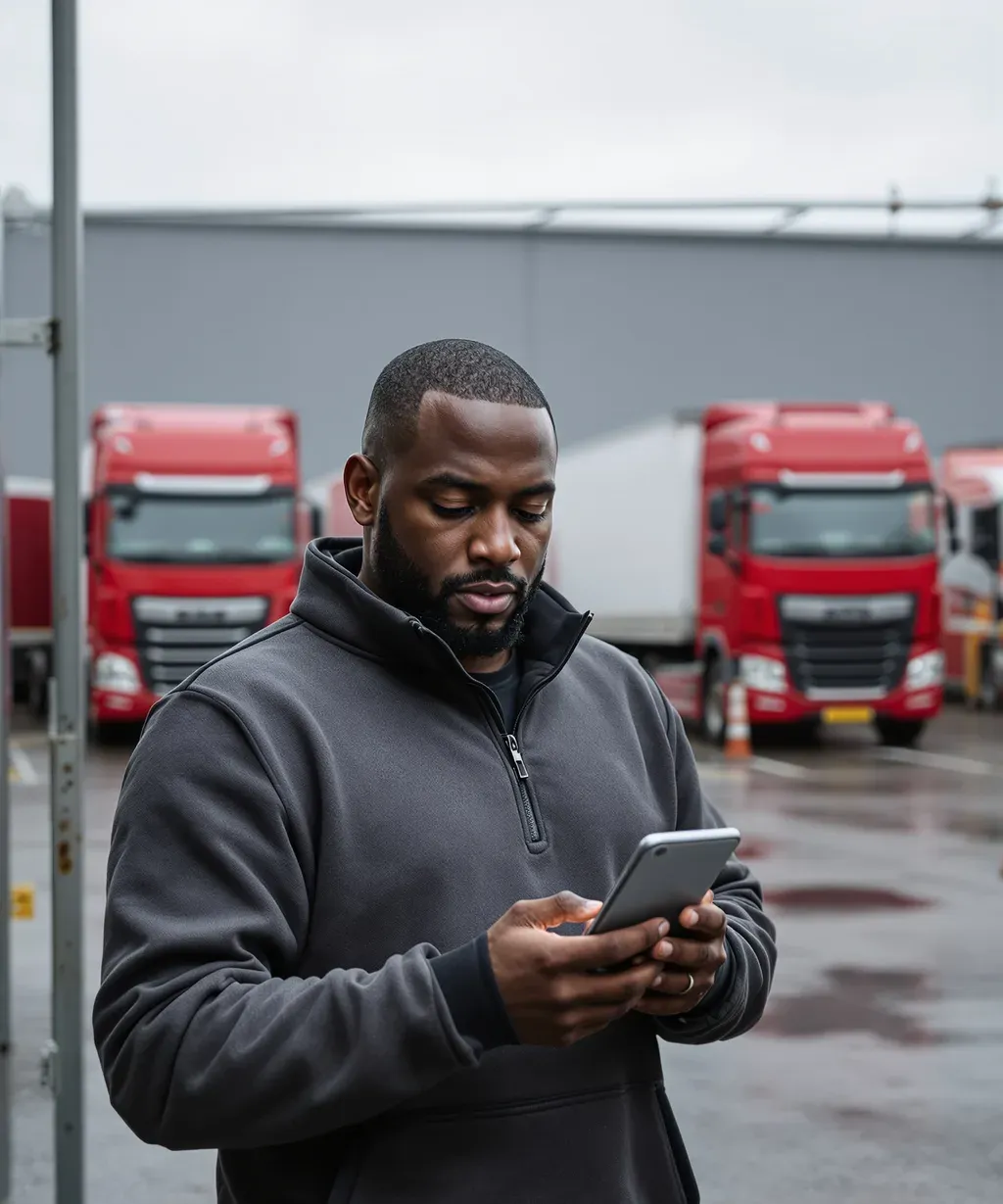A transport manager checking job status in a yard of parked tractor units