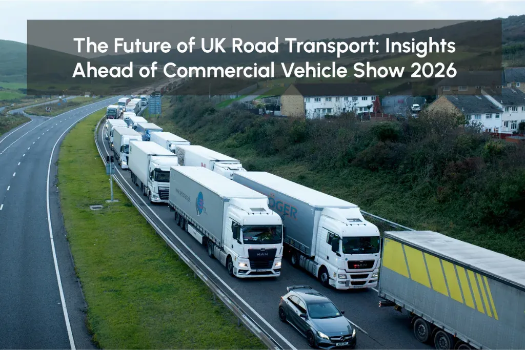 An aerial view of lorries queuing along a rural A-road, captioned "The Future of UK Road Transport: Insights Ahead of Commercial Vehicle Show 2026".