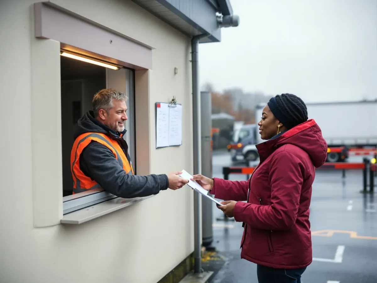 A subcontractor driver passing a docket through the hatch of a depot gate office