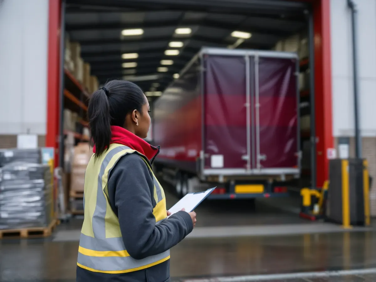 A warehouse goods-in supervisor watching a trailer being unloaded onto the dock