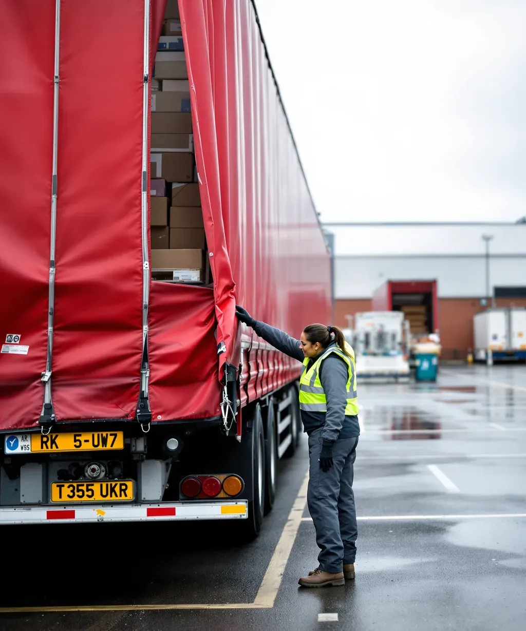 A depot supervisor checking a mixed part-load in an open curtainsider