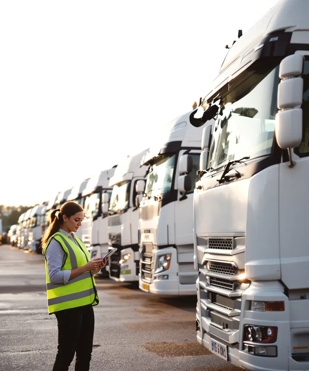 An operator checking the day's work on a tablet beside a line of white HGV lorries in a UK haulage yard
