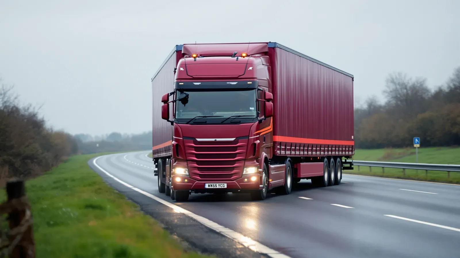 A 44-tonne artic on a UK trunk road, the vehicle behind every cost-per-mile calculation.