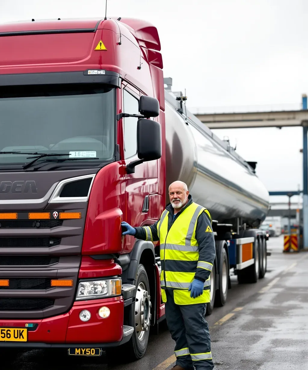 A tanker driver at the discharge valve of a road tanker at a UK fuel terminal