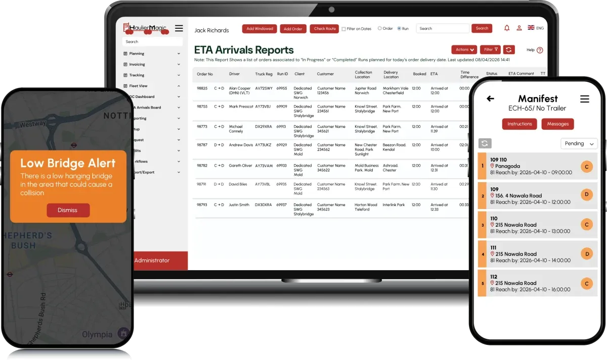HaulierMagic shown on the desktop planning screen alongside the Driver App