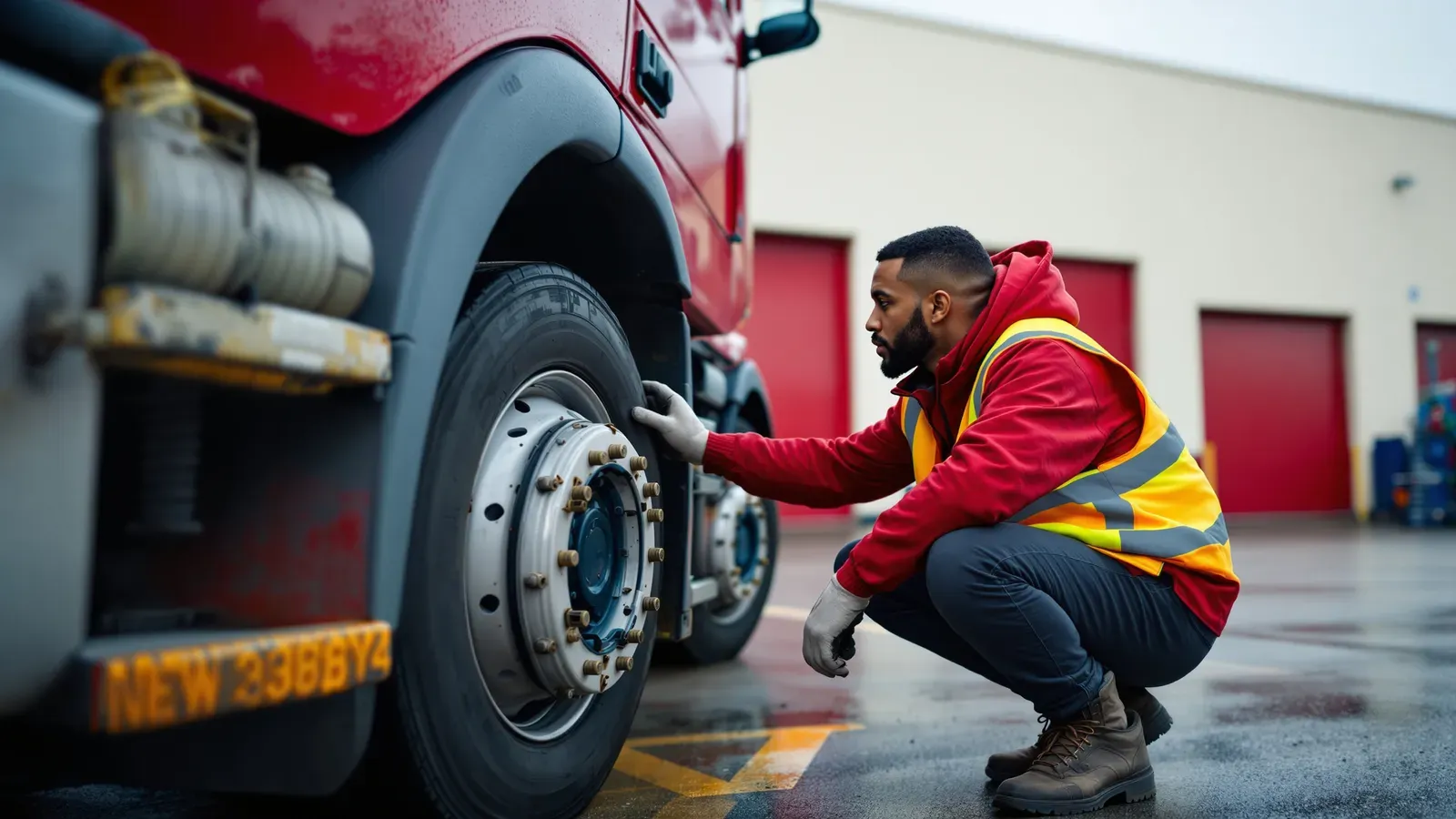 A driver carrying out a daily walkaround check on an HGV in a depot yard at first light.