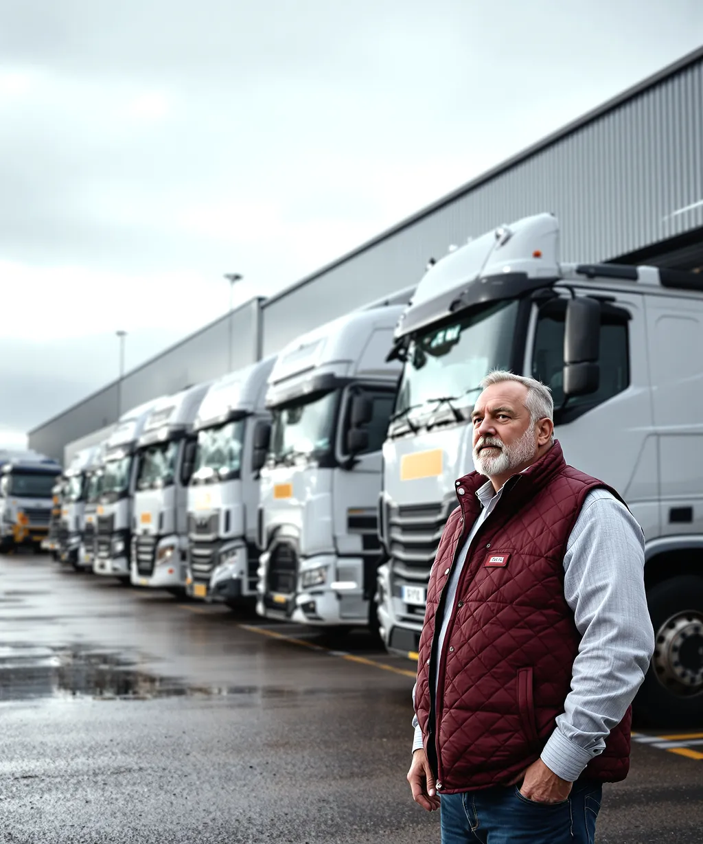 A UK haulier standing beside his fleet of articulated HGVs lined up on the depot yard at the start of the day