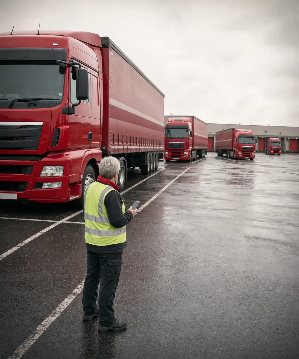 A transport manager checking the day's work on her phone at the head of a line of articulated lorries parked across a UK depot yard