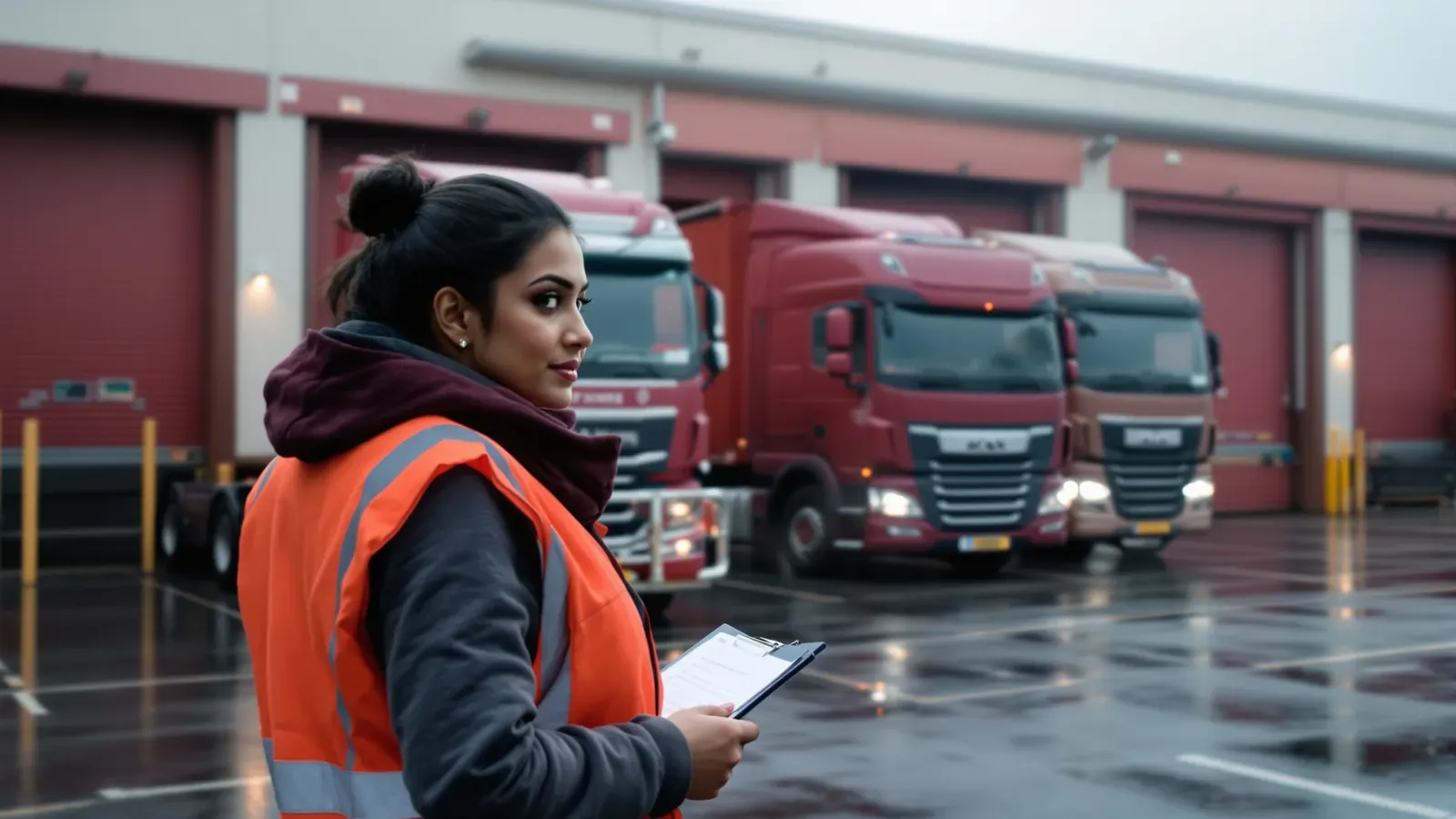 A transport planner at a depot desk mid-shift while trucks run in the yard outside.