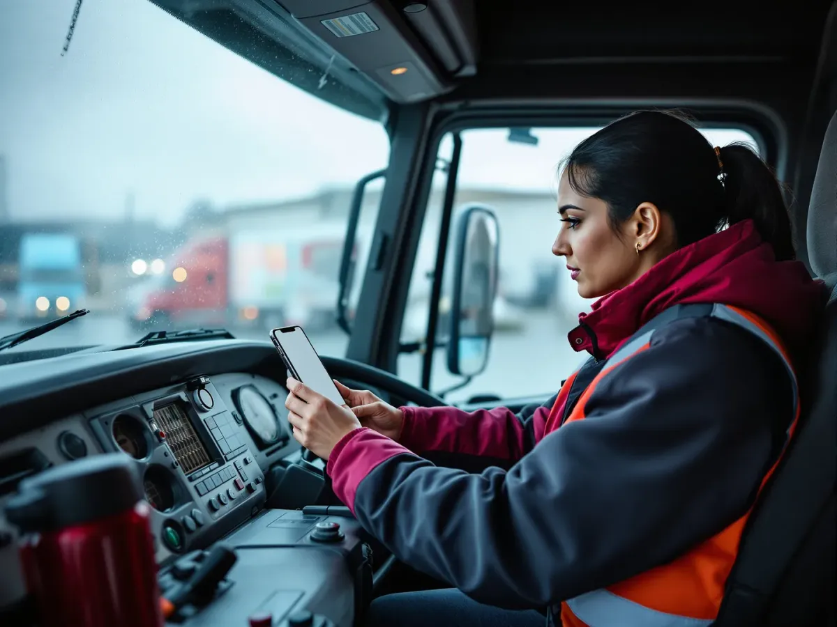 A driver at the wheel of a right-hand-drive HGV cab with a phone in the windscreen cradle