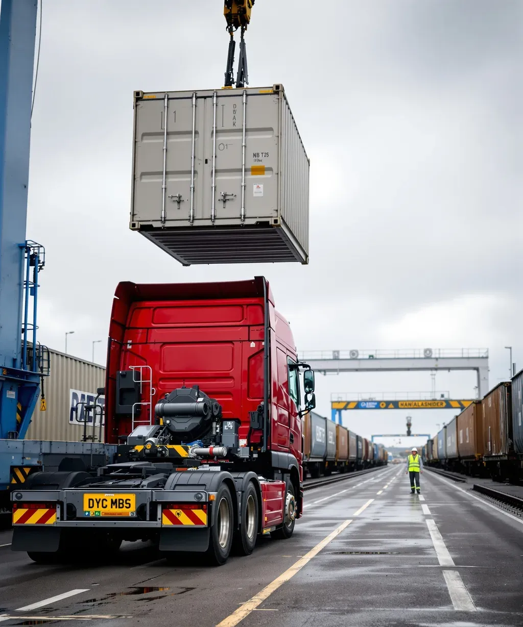 A driver watching a container being lowered onto a skeletal trailer at a rail freight terminal