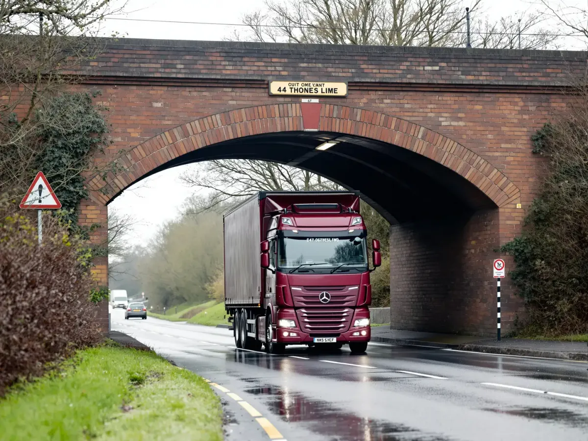 A low British railway bridge with a height marker, an approaching artic beneath it