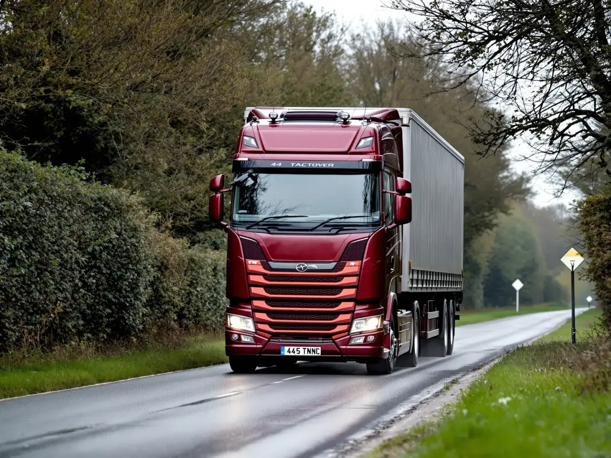 A 44-tonne artic easing along a narrow British hedgerow lane