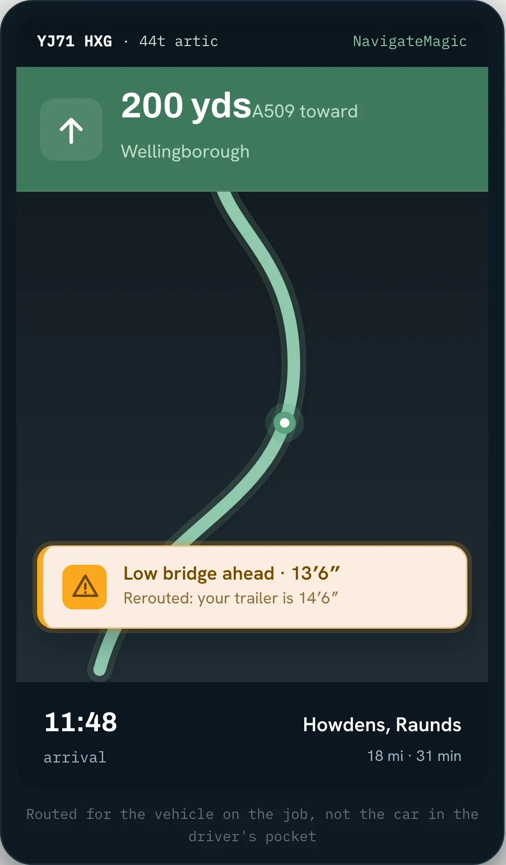 NavigateMagic guiding a driver and warning of a low bridge ahead