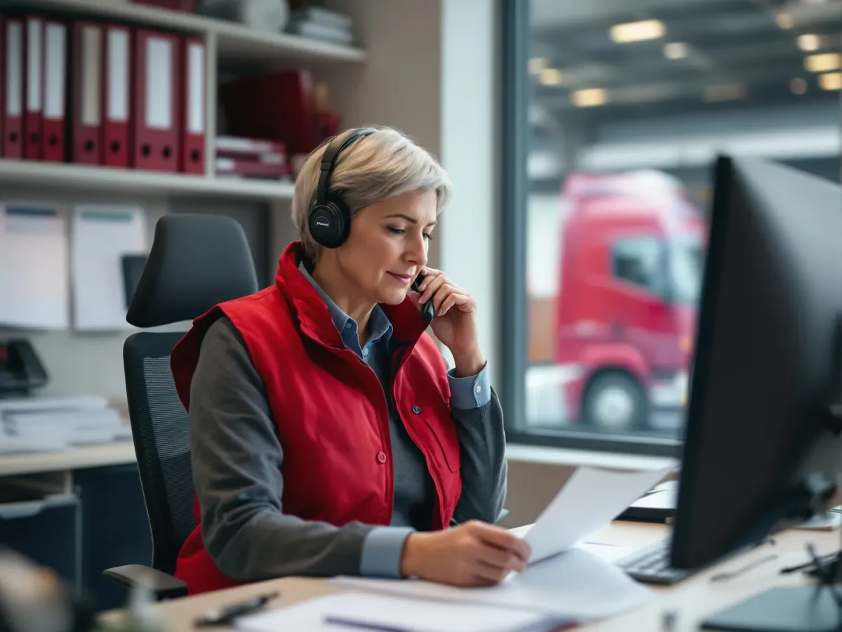 A transport office coordinator taking a call at her desk, working down a printed list