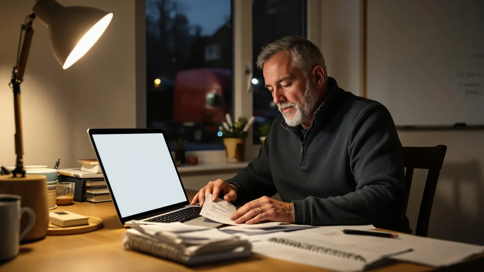 A transport planner working late at a desk beside a whiteboard of jobs.