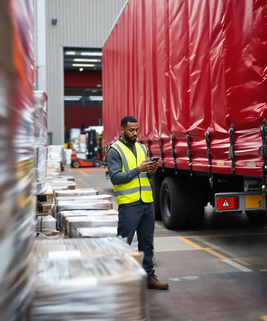 A depot worker checking palletised freight beside a curtainsider at a pallet network depot
