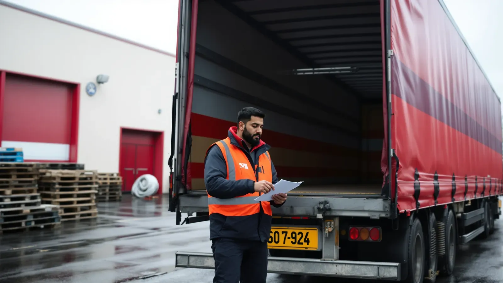 A driver holding a signed delivery ticket at the tail of a lorry after a drop.