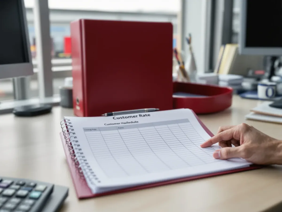 A printed customer rate schedule fanned open on a transport office desk