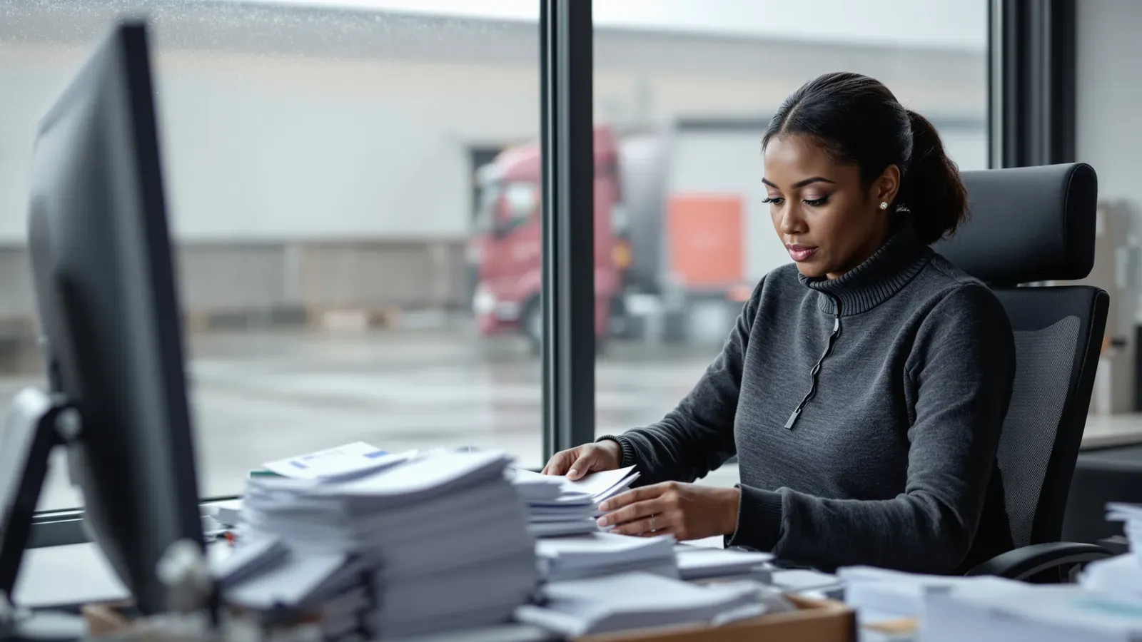 A haulage office desk with a stack of unbilled delivery tickets beside a calculator.