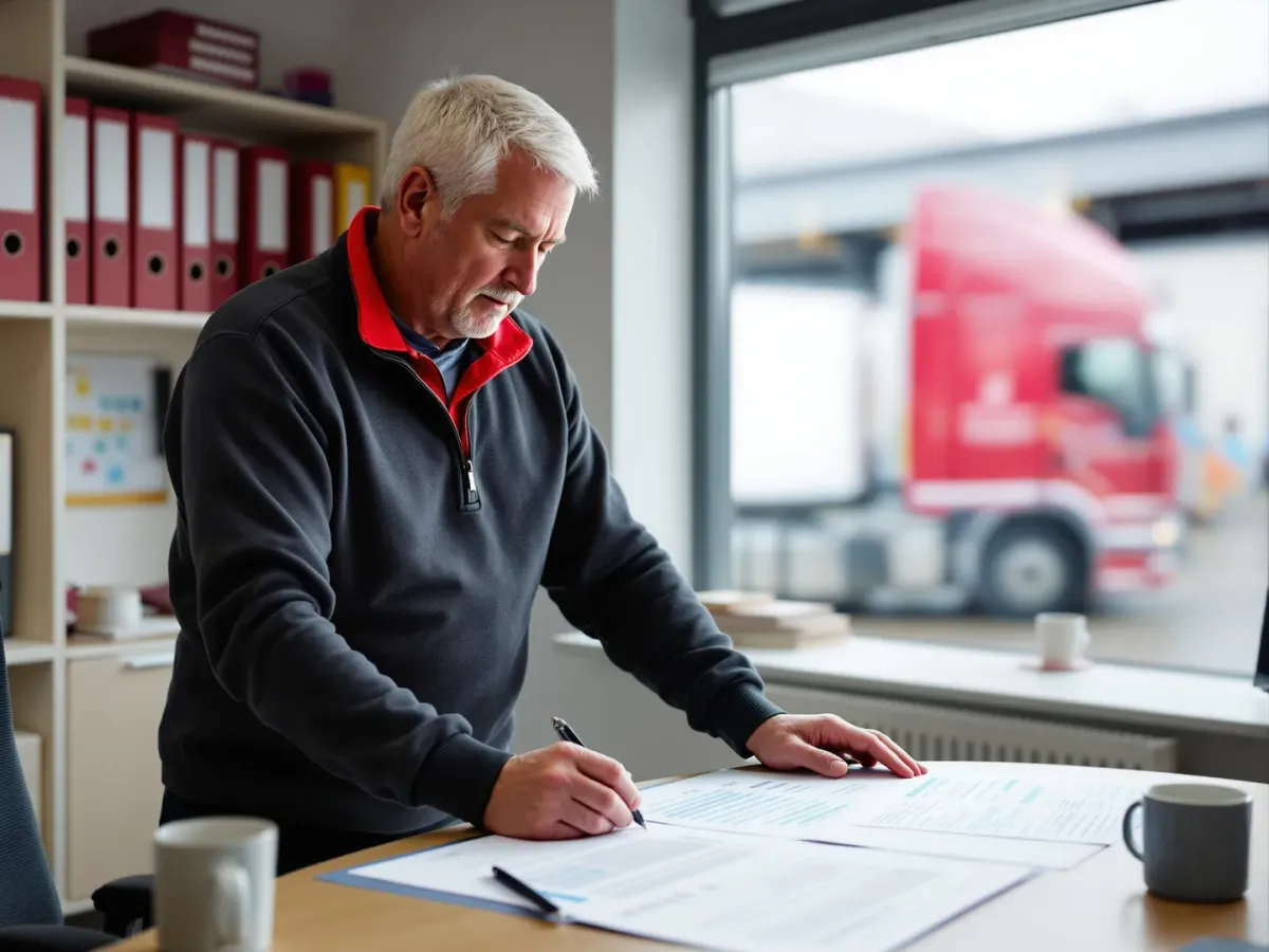 An operations director comparing printed reports laid out on a meeting table
