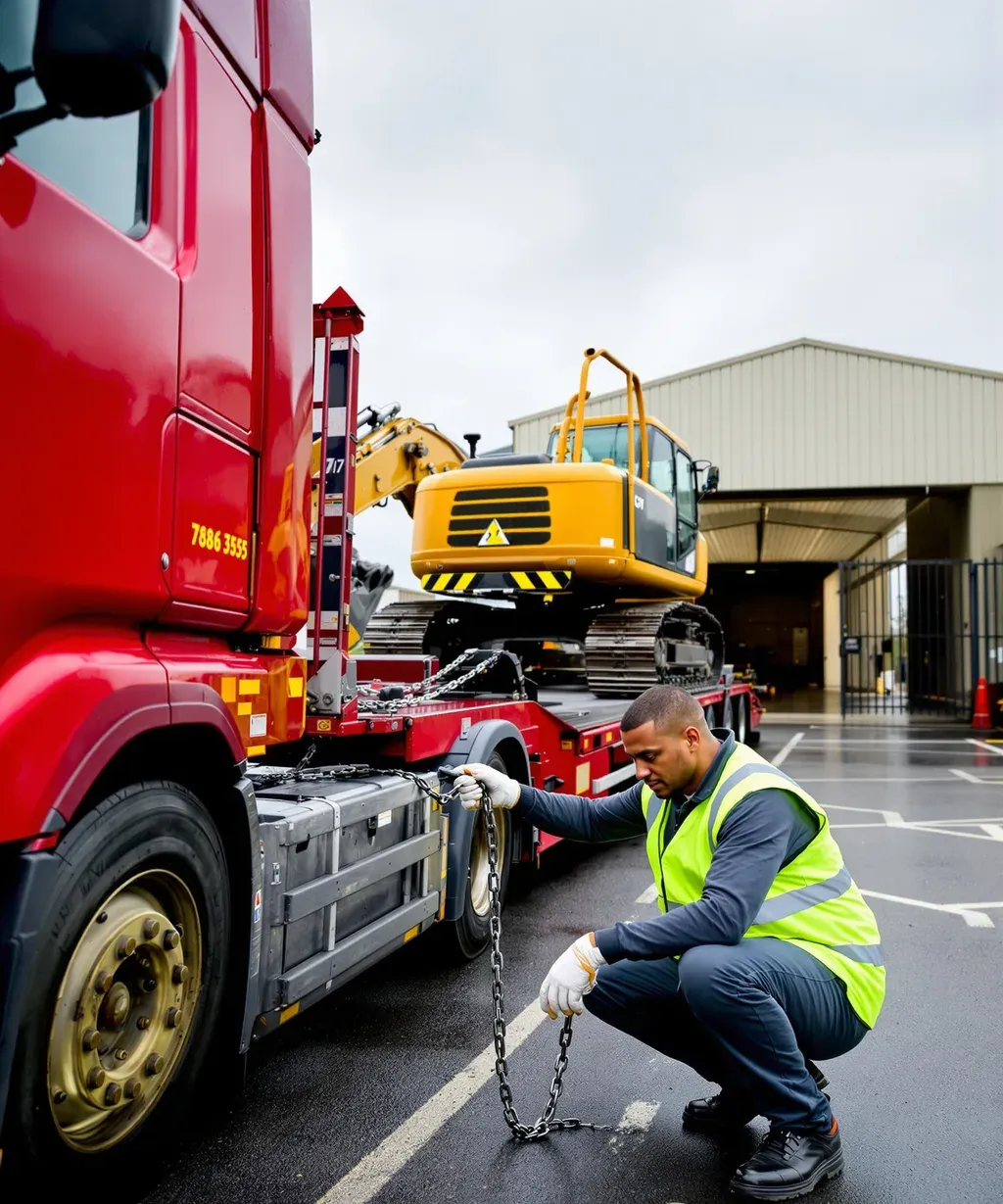 A driver chaining down a tracked excavator on a low-loader trailer
