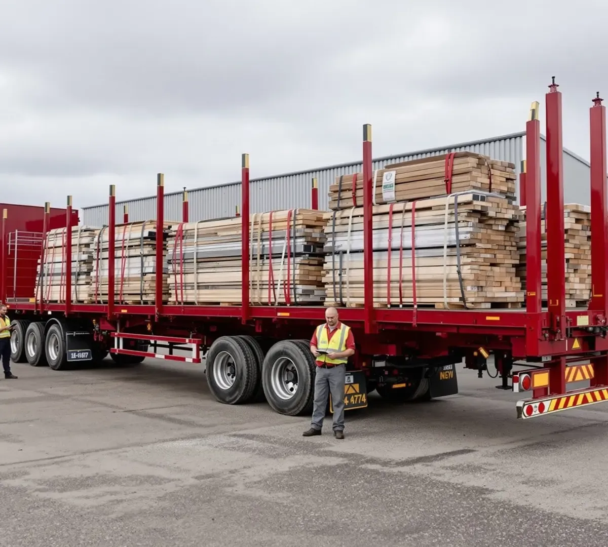 A deep red flatbed trailer loaded with strapped timber and steel in a haulage yard, with two workers in hi-vis checking the load against a tablet.