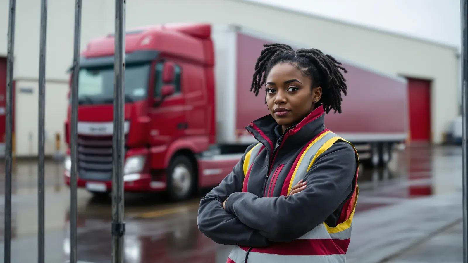 A transport manager at a depot gate watching a subcontracted trailer leave the yard.