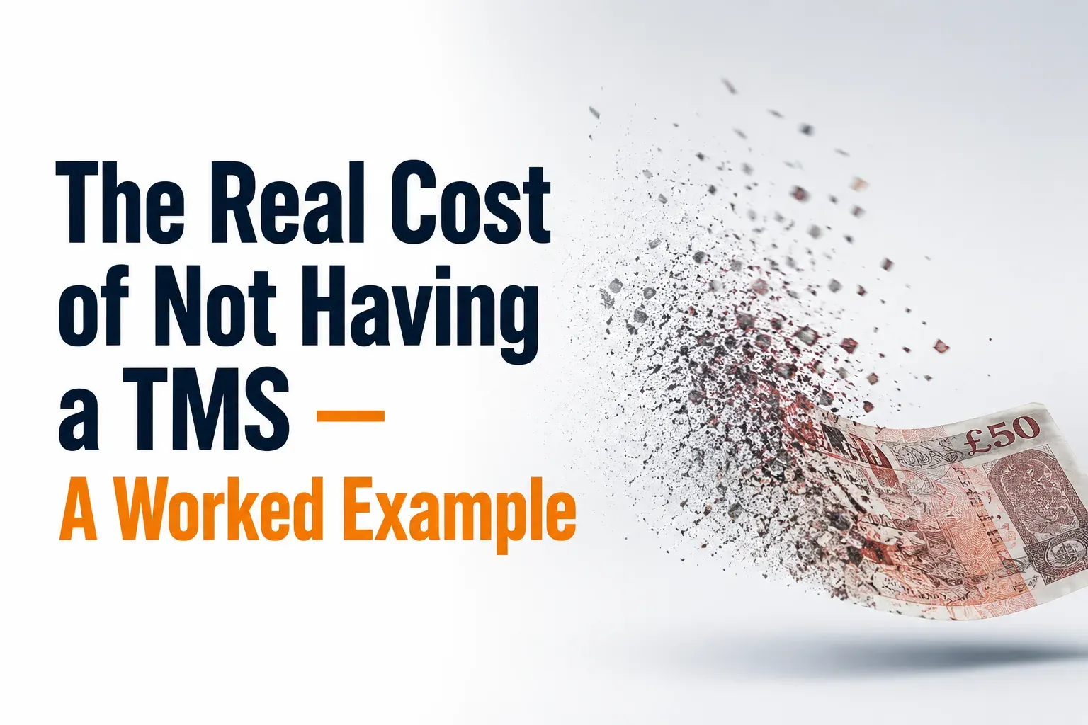 A £50 note disintegrating, captioned "The Real Cost of Not Having a TMS – A Worked Example".