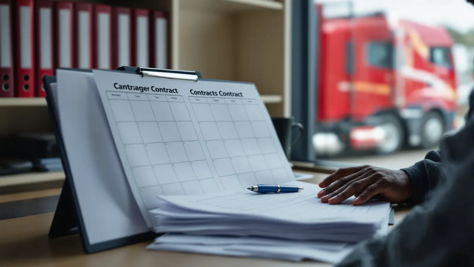 A transport office calendar and contract paperwork spread out ahead of a TMS renewal decision.