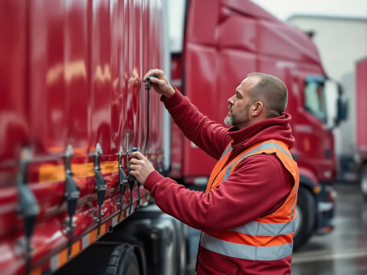 A driver connecting the airlines between a tractor unit and a trailer during a swap