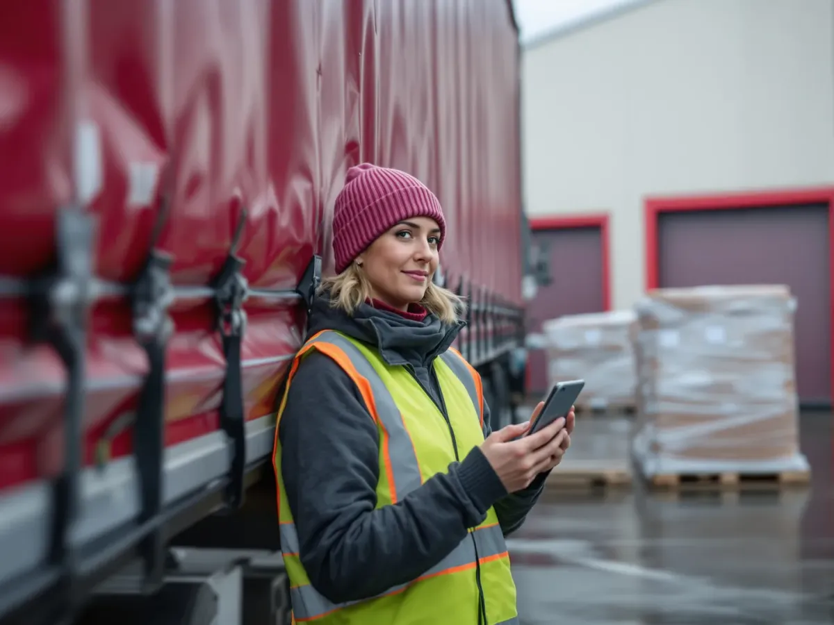 A driver counting off pallets at the open rear doors of a trailer at a delivery bay