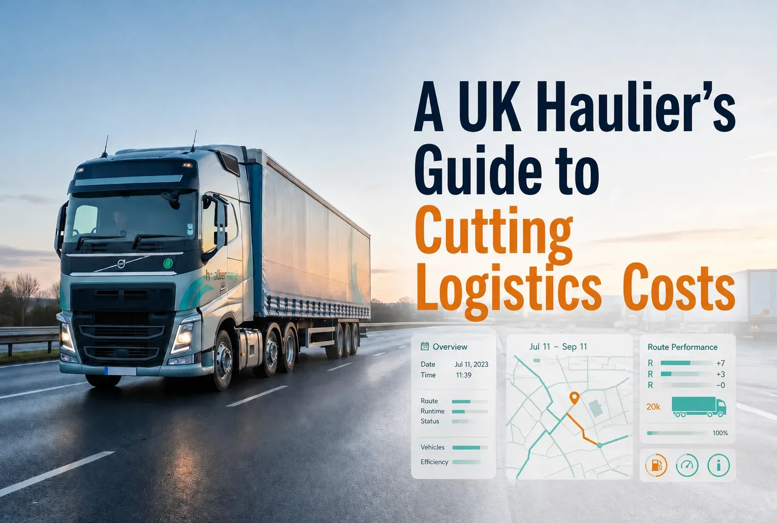 An articulated lorry on a wet motorway beside a route-optimisation dashboard, captioned "A UK Haulier’s Guide to Cutting Logistics Costs".