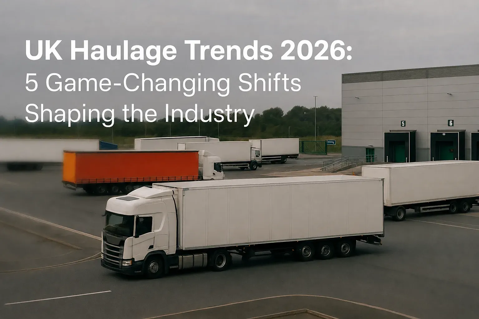 Lorries and trailers parked on a distribution-centre yard, captioned "UK Haulage Trends 2026: 5 Game-Changing Shifts Shaping the Industry".