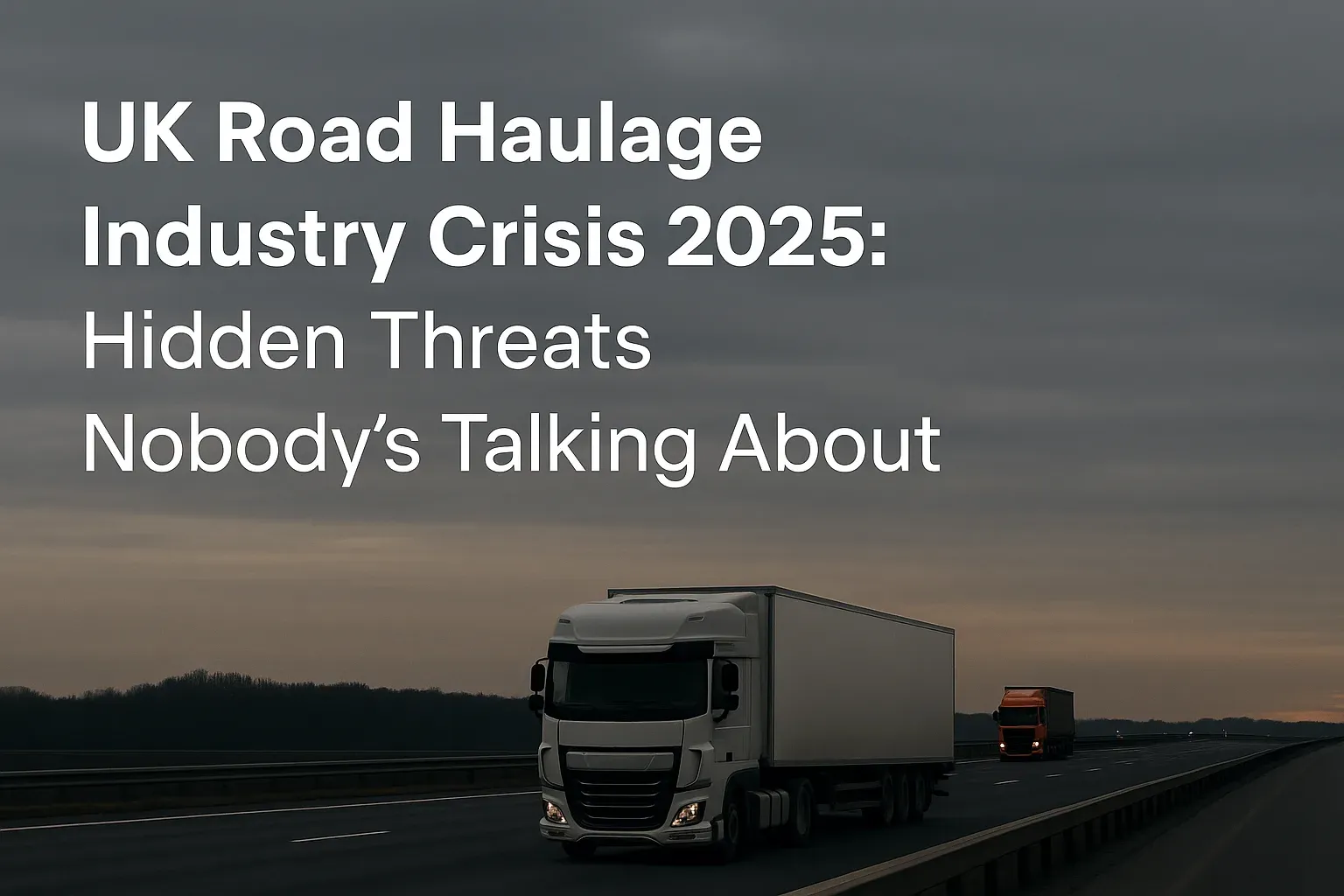A lorry crossing a bridge at dusk, captioned "UK Road Haulage Industry Crisis 2025: Hidden Threats Nobody’s Talking About".