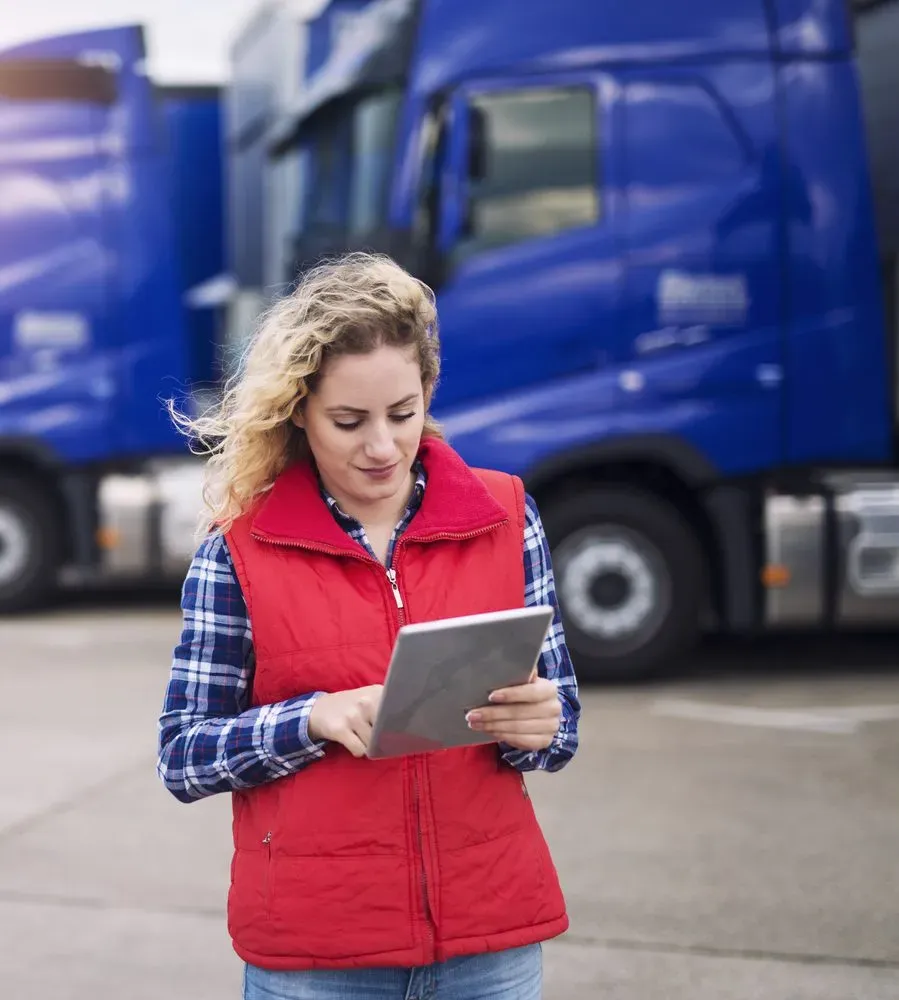 A transport manager completing digital walkaround checks on a tablet in the yard