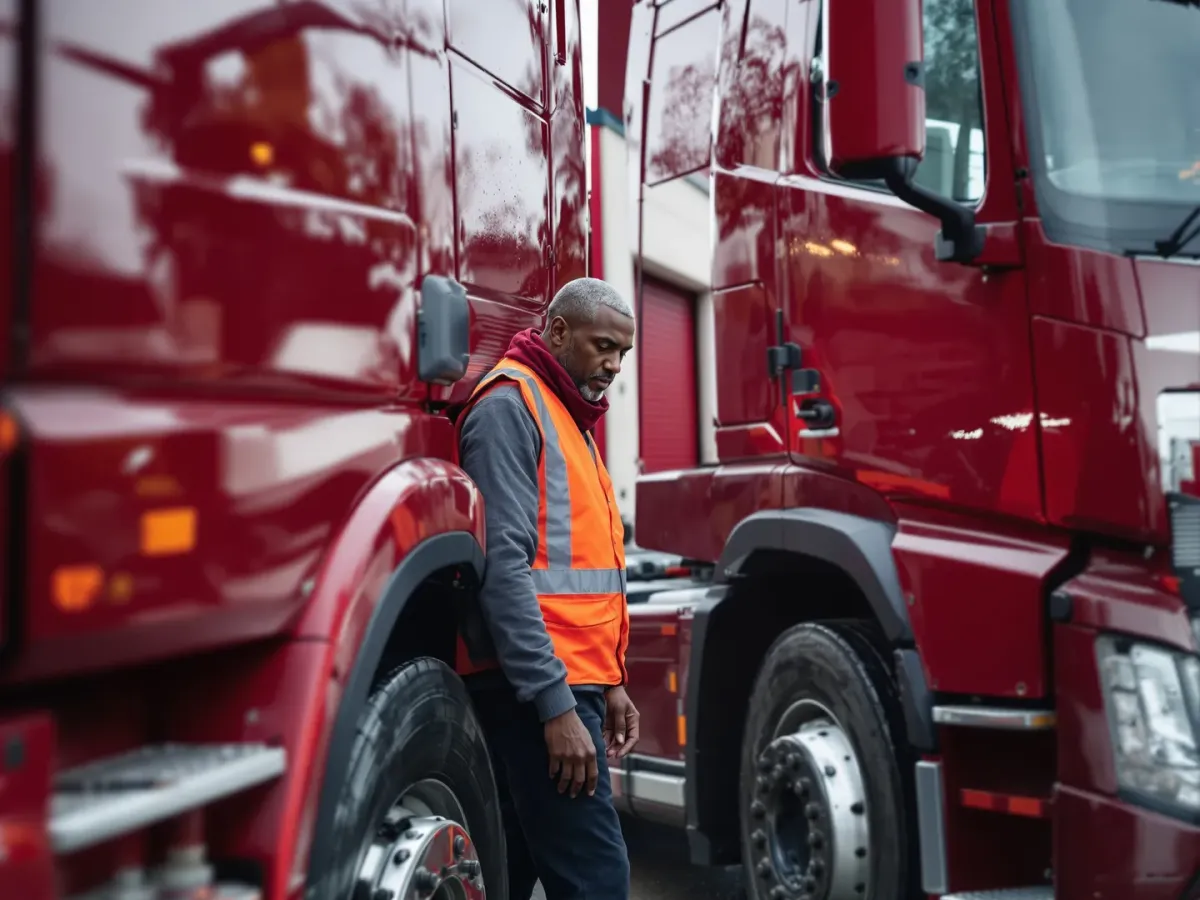 A driver walking the length of the tractor unit on the daily walkaround check