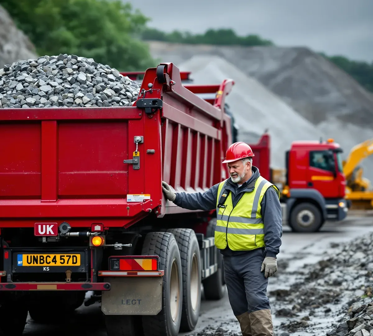 Tipper trucks loading aggregate at a Cumbrian quarry while a transport planner checks the job list on a tablet.