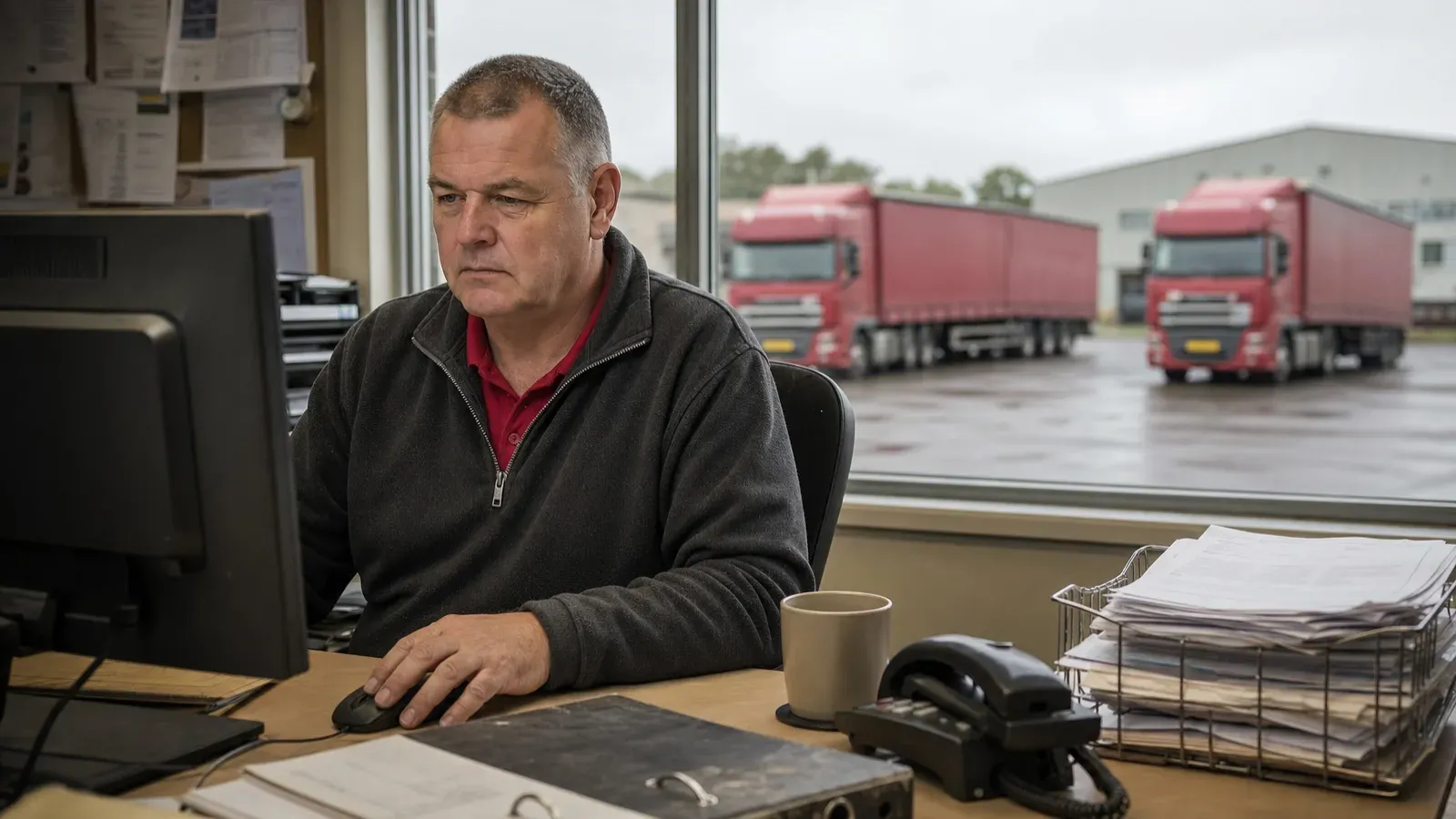 A transport planner at a depot desk early in the morning, working through the day's jobs on screen while lorries stand in the yard behind him.