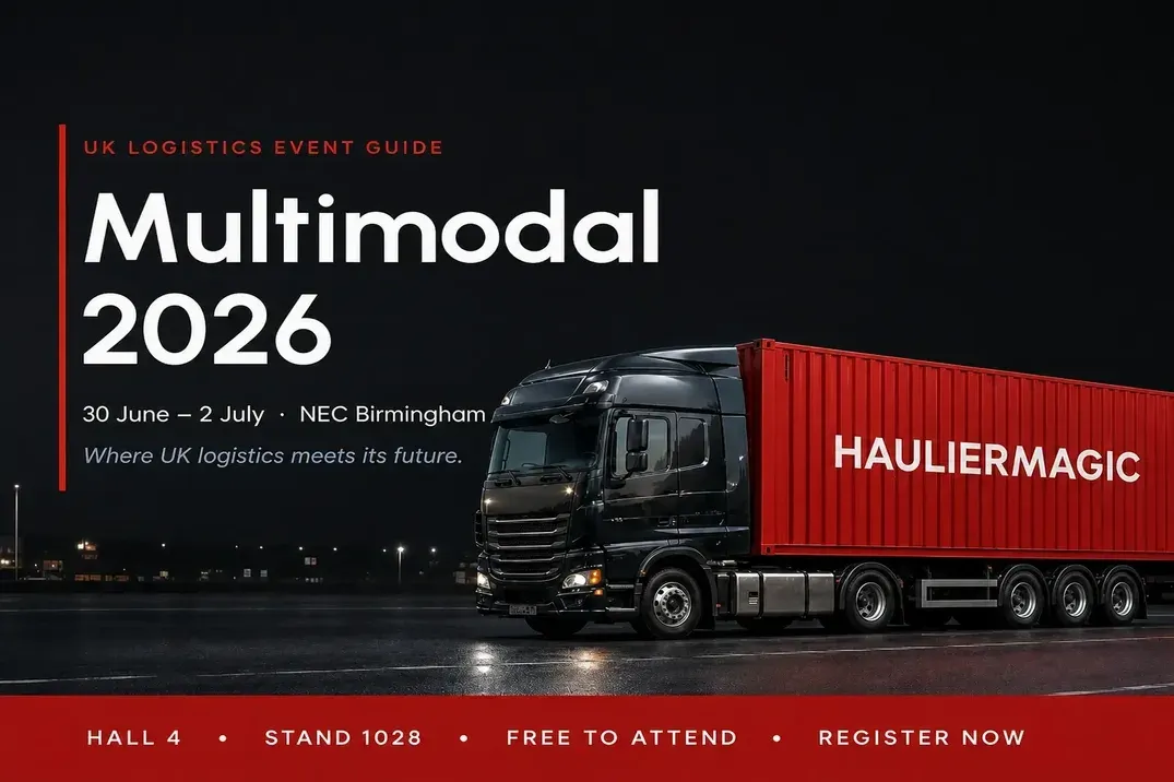 A HaulierMagic-liveried lorry on a night-time city street, promoting Multimodal 2026 at NEC Birmingham, Hall 4, Stand 1028.