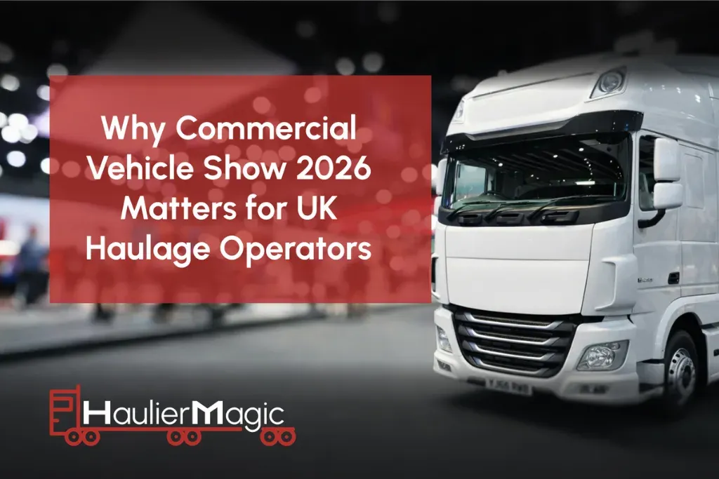 A white lorry cab with the HaulierMagic logo, captioned "Why Commercial Vehicle Show 2026 Matters for UK Haulage Operators".