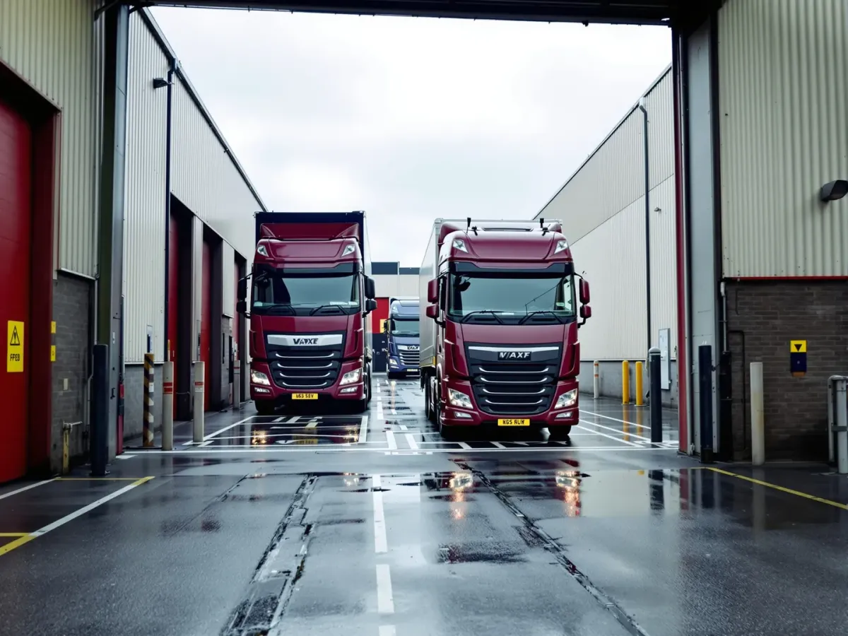 Articulated lorries pulling out through the gate of a haulage yard at the start of the shift